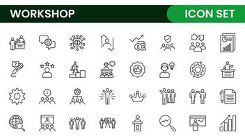 Set of Workshop and Coaching line icons. Outline icon collection related to training, coaching, mentoring, education, meetings, conferences, and teamwork. vector