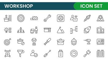 Set of Workshop and Coaching line icons. Outline icon collection related to training, coaching, mentoring, education, meetings, conferences, and teamwork. vector