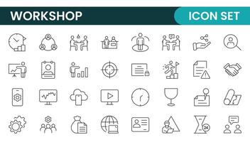 Set of Workshop and Coaching line icons. Outline icon collection related to training, coaching, mentoring, education, meetings, conferences, and teamwork. vector