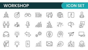 Set of Workshop and Coaching line icons. Outline icon collection related to training, coaching, mentoring, education, meetings, conferences, and teamwork. vector