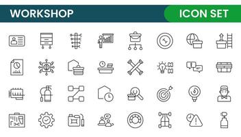 Set of Workshop and Coaching line icons. Outline icon collection related to training, coaching, mentoring, education, meetings, conferences, and teamwork. vector