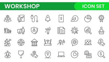 Set of Workshop and Coaching line icons. Outline icon collection related to training, coaching, mentoring, education, meetings, conferences, and teamwork. vector