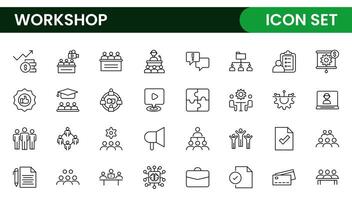 Set of Workshop and Coaching line icons. Outline icon collection related to training, coaching, mentoring, education, meetings, conferences, and teamwork. vector