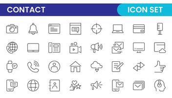 Contact Us linear icon set design. Contact and Communication Line Icons. Set of Social media icons, Facebook, Instagram, Twitter, YouTube, Whatsapp.Set of Icons for social networking. vector