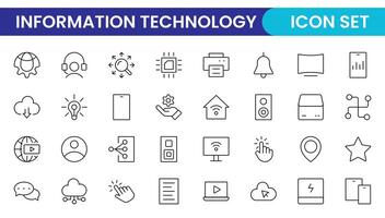Icon Set of Information technology outline style. IT network, IT Technology, internet, website, data, software, communication, Cloud, Share, Technology, IOT, Business, Programming Thin Line Icons vector