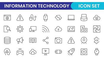 Icon Set of Information technology outline style. IT network, IT Technology, internet, website, data, software, communication, Cloud, Share, Technology, IOT, Business, Programming Thin Line Icons vector
