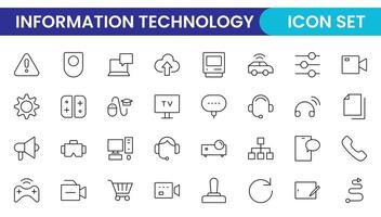 Icon Set of Information technology outline style. IT network, IT Technology, internet, website, data, software, communication, Cloud, Share, Technology, IOT, Business, Programming Thin Line Icons vector