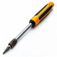 A yellow hand tool with a black grip designed for various mechanical and DIY tasks, isolated on white background. photo