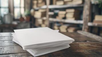 A stack of white paper sheets on a wooden desk in a rustic library setting with blurred shelves in background. photo