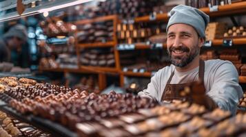 A happy chocolatier stands behind a counter filled with various chocolates in a cozy chocolate shop. photo