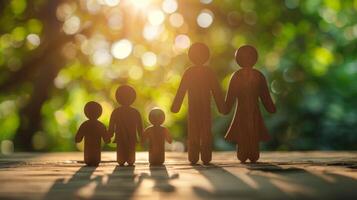 Silhouetted wooden family figures standing on a surface with warm sunlight and green bokeh background, symbolizing unity and togetherness. photo
