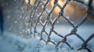 Chain link fence covered in snow, capturing the serene and cold atmosphere of a winter day. photo