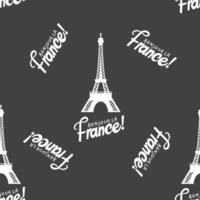 On a black background, handwritten text Hello, France and a silhouette of the Eiffel Tower. Background for fabrics, clothes, wrapping paper, wallpaper. vector