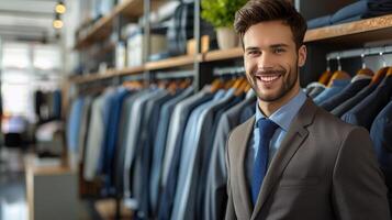 A young man in a suit smiling in a high-end fashion store, surrounded by neatly arranged clothes and racks. photo