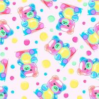 seamless pattern with colorful gummy bears on light pink background vector