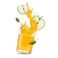Splashes of yellow freshly and healthy apple juice with fruit slices and green leaves. clipart in flat style with drink isolated on white background for card, banner, flyer, design vector