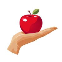 Freshly and healthy red apple in the palm of the hand isolated on white background. illustration in flat style with dietary fruit. Clipart for card, banner, flyer, poster design vector