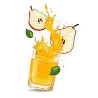 Splashes of yellow freshly and healthy pear juice with fruit slices and green leaves. clipart in flat style with drink isolated on white background for card, banner, flyer, design vector