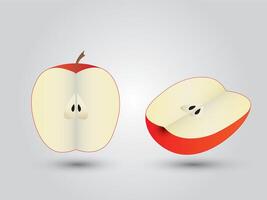 A red apple cut into two pieces or halves on white background vector