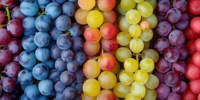 A collection of assorted grape varieties in vibrant colors arranged in neat rows, showing diversity and freshness. photo