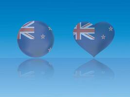 New Zealand flag in glossy ball and heart with reflection on blue background illustration vector