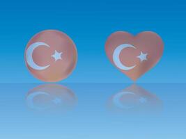 Turkey flag in glossy ball and heart with reflection on blue background illustration vector