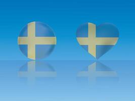 Sweden flag in glossy ball and heart with reflection on blue background illustration vector