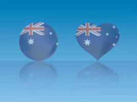 Australian flag in glossy ball and heart with reflection on blue background illustration vector