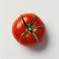Top view of a fresh tomato covered in water droplets, highlighting its freshness and vibrant red color. photo
