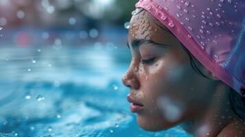 Close-up of a young girl wearing a swim cap, eyes closed, with water droplets on her face in a swimming pool. photo