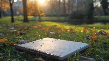 An open notebook lying on grass covered with autumn leaves, capturing a serene and reflective moment in the park. photo