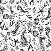 Seahorse and jellyfish with shells, corals, fish, algae and bubbles. Marine illustration of the underwater world hand drawn in black ink graphically. seamless pattern in EPS vector