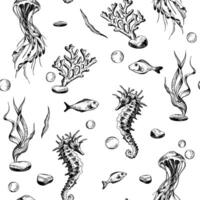 Seahorse and jellyfish with shells, corals, fish, algae and bubbles. Marine illustration of the underwater world hand drawn in black ink graphically. seamless pattern in EPS vector