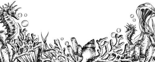 Seahorse and jellyfish with shells, corals, fish, algae and bubbles. Marine illustration of the underwater world hand drawn in black ink graphically. banner horizontal template in EPS. vector