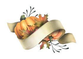 Orange autumn pumpkins with maple leaves, twigs and paper roll blank template for text. Watercolor illustration, hand drawn. Isolated composition on a white background vector