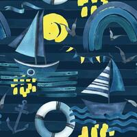 Sailing blue boats with a ribbon floating on the water with a yellow sun and rainbow. Watercolor illustration hand drawn in a simple abstract childish style. Seamless pattern on a blue background. vector