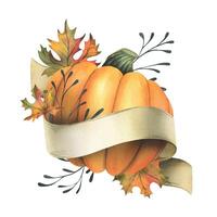 Orange autumn pumpkin with maple leaves, twigs and paper roll blank template for text. Watercolor illustration, hand drawn. Isolated composition on a white background. vector