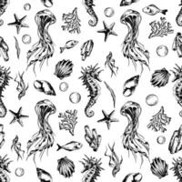 Seahorse and jellyfish with shells, corals, fish, algae and bubbles. Marine illustration of the underwater world hand drawn in black ink graphically. seamless pattern in EPS. vector