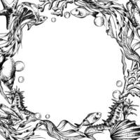 Seahorse and jellyfish with shells, corals, fish, algae and bubbles. Marine illustration of the underwater world hand drawn in black ink graphically. frame square template in EPS. vector
