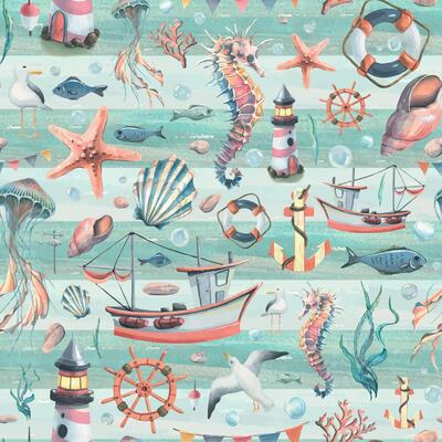 Sea animals, a lighthouse and a boat with shells, starfish and bubbles on the background of strips of wooden boards. Watercolor illustration. Seamless pattern from the SEA FISHING set