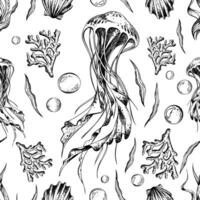 Jellyfish, corals, shells and bubbles. Marine illustration of the underwater world, graphically drawn in black ink. seamless pattern in EPS vector