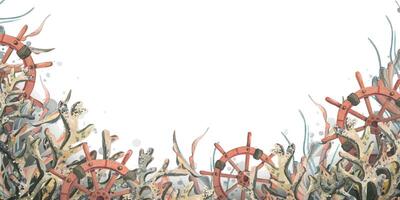 Horizontal board with steering wheels and corals, the seabed. Watercolor illustration, with splashes of paint. For registration and design of invitations, certificates, postcards, booklets, guides. vector