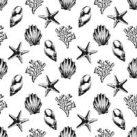 Shells, starfish, corals, algae, sea sponges and bubbles. Marine illustration of the underwater world, graphically drawn in black ink. seamless pattern in EPS vector