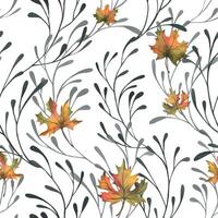 Autumn maple leaves are orange with graceful black branches. Hand drawn watercolor illustration. Seamless pattern simple on white background. vector