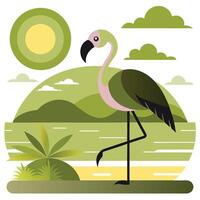 Flamingo on the background of trees and sunset illustration vector