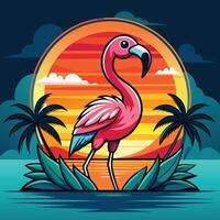 Flamingo on the background of trees and sunset illustration vector