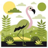Flamingo on the background of trees and sunset illustration vector