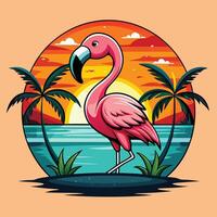 Flamingo on the background of trees and sunset illustration vector