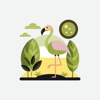 Flamingo on the background of trees and sunset illustration vector