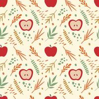 Autumn apple seamless pattern. Fruit and plants on a beige background. Autumn colors. illustration for packaging, wrapping paper, cover, case, fabric vector